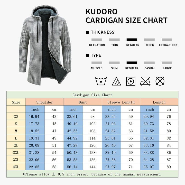 KUDORO Strickjacke Herren Cardigan Lang Trachtenjacke Kapuze mit Kapuze Gestrickt Pullover Hoodie Wi
