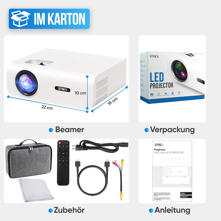 Strex Beamer - 1080P Full HD - 15000 Lumen - Drahtloses Streaming - WiFi - Bluetooth - Mini Beamer -