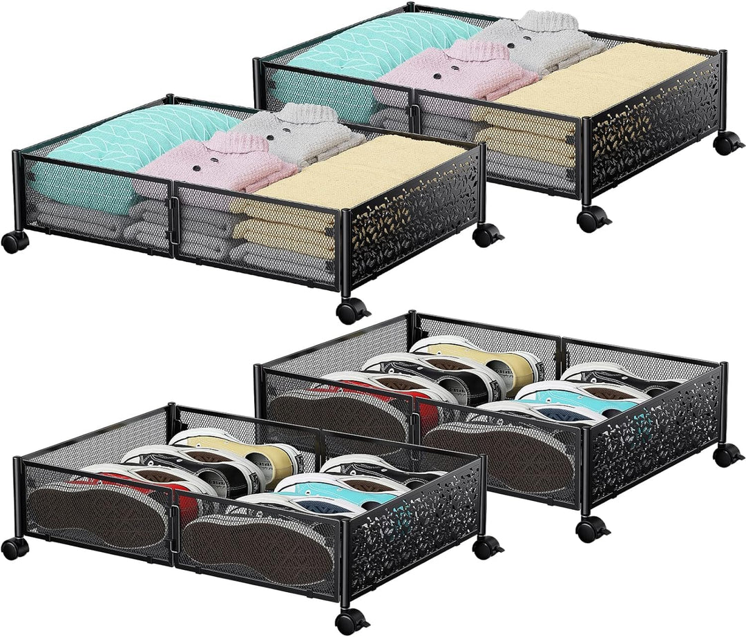 Unterbett-Aufbewahrungsbox mit Rollen, 4 Stück faltbare Metall-Unterbettkommode zur Kleideraufbewahr