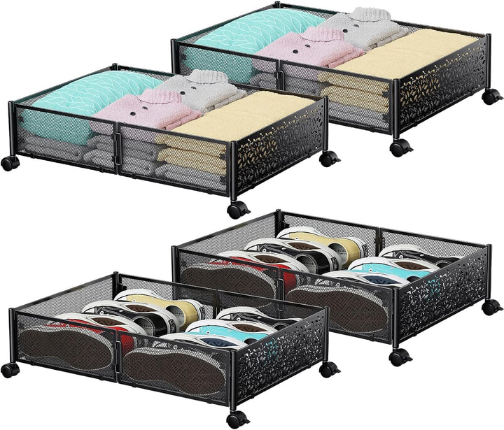 Unterbett-Aufbewahrungsbox mit Rollen, 4 Stück faltbare Metall-Unterbettkommode zur Kleideraufbewahr