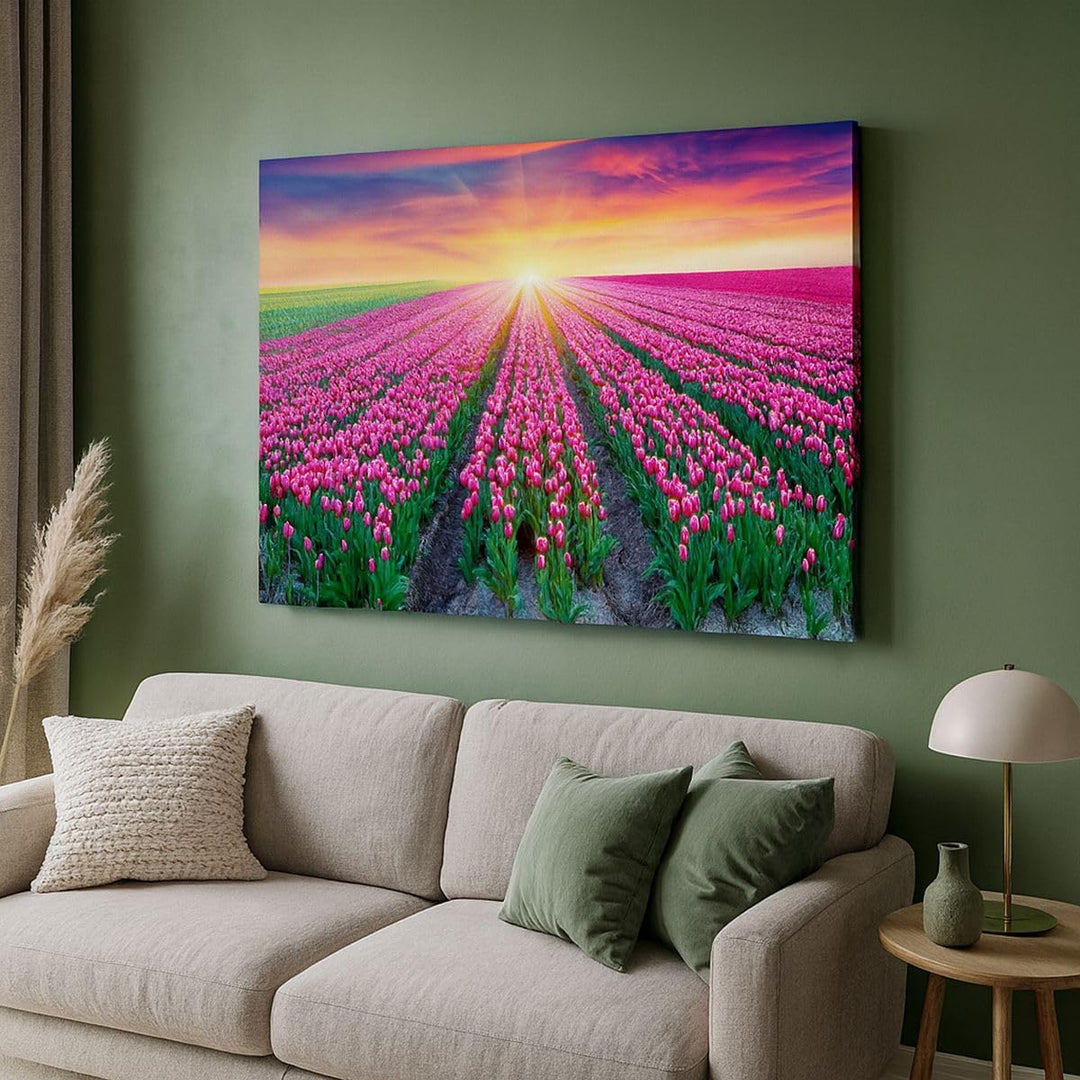 Bilder auf Leinwand 100x70cm Leinwandbild Wiese Tulpen Sonnenuntergang Frühling Gross Wanddeko Bild