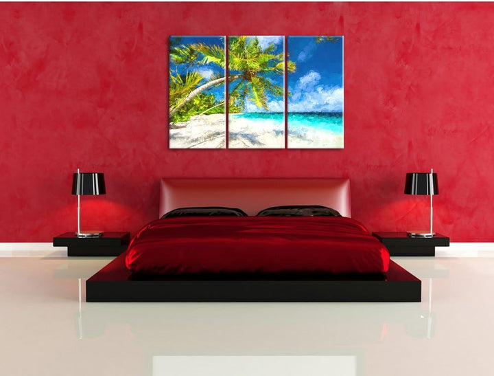 Pixxprint Palmenstrand als Leinwandbild/Grösse: 3 Teilig (120x80 cm) cm/Wandbild/Kunstdruck/fertig b