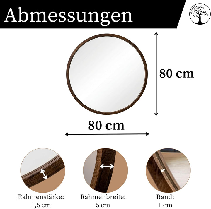 Wandspiegel mit Holzrahmen (∅80 cm) - Spiegel Rund Holz Dunkle Eiche - Runder Bad Spiegel für Badezi