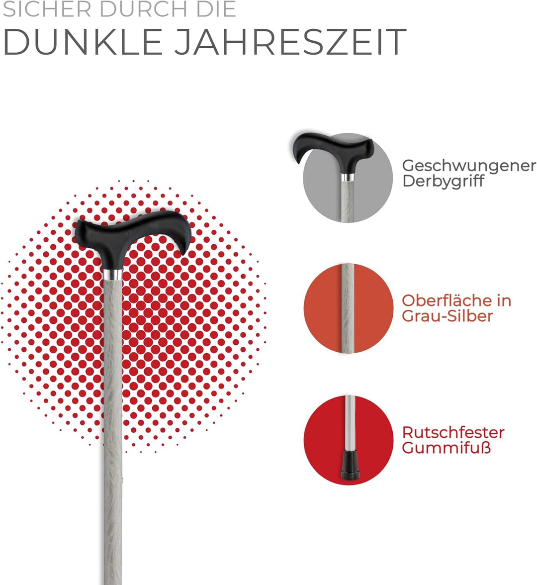 Ossenberg Reflektierender Leichtmetallstock mit Derbygriff - Spazierstock für Damen und Herren - 10-