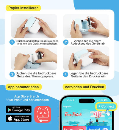 Korffe Mini Drucker für Smartphone with 7 Rollen Druckerpapier, Wireless Sticker Drucker Kompatibel