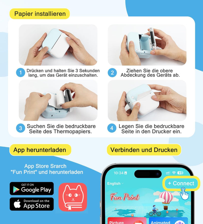 Korffe Mini Drucker für Smartphone with 7 Rollen Druckerpapier, Wireless Sticker Drucker Kompatibel