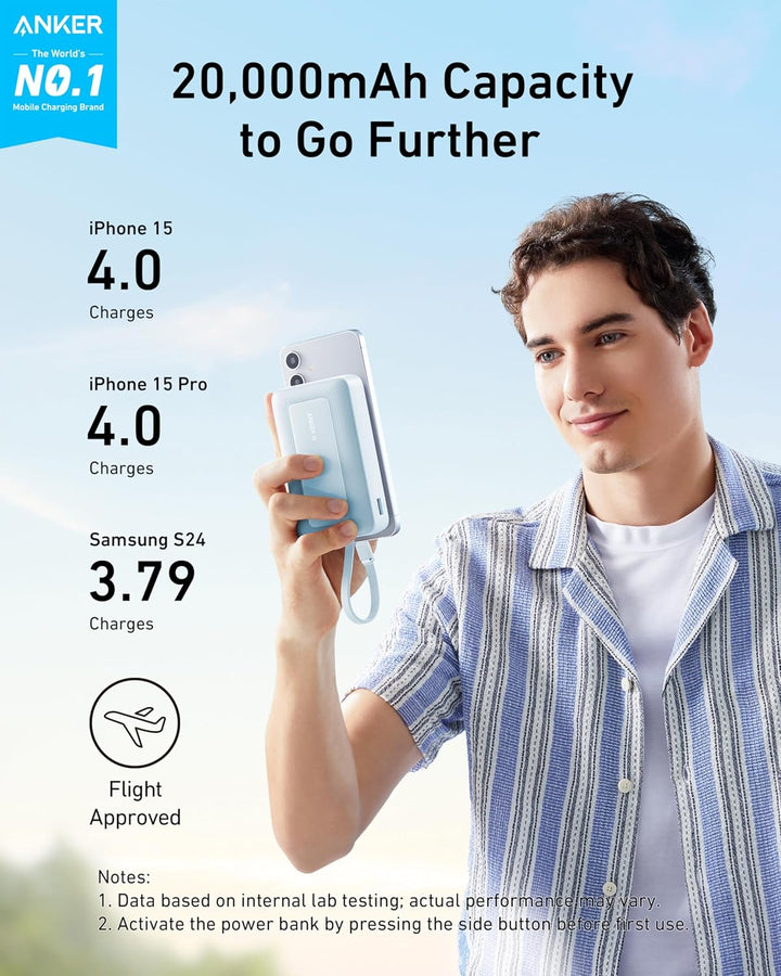 Anker Power Bank, Powerbank 20000mAh 30W mit integriertem USB-C Kabel, High-Speed portables Ladegerä