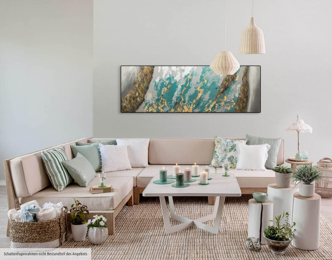 KunstLoft Leinwandbild | 100% HANDGEMALT | 150x50cm | Gemälde 'Glacial Shore' | Abstrakt | Blau Weis