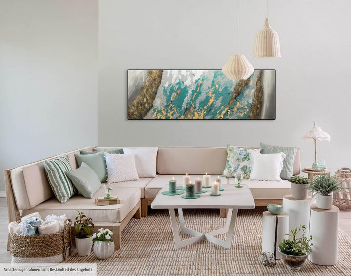 KunstLoft Leinwandbild | 100% HANDGEMALT | 150x50cm | Gemälde 'Glacial Shore' | Abstrakt | Blau Weis