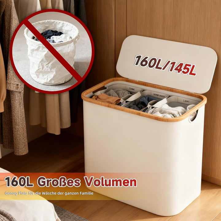 Faltbarer Wäschekorb 3 Fächer mit Deckel, Grau | 160L Grosser Laundry Basket, Oxford Material, Für S