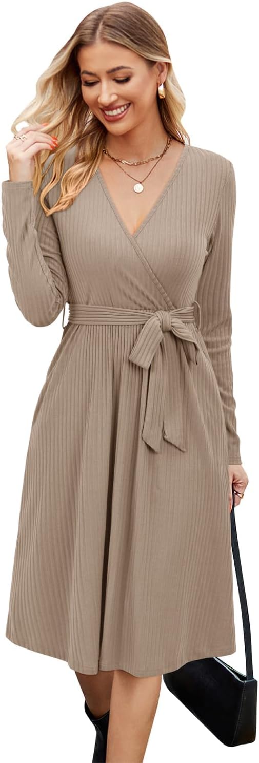 Newshows Strickkleid Damen Herbstkleid V Ausschnitt Pulloverkleid Winterkleid Kleid mit Taschen für