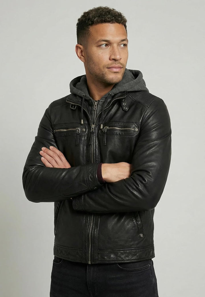 RICANO Nate – Herren Biker Lederjacke (Slim Fit) mit abtrennbarer Kapuze - echtes Lamm Leder S Schwa