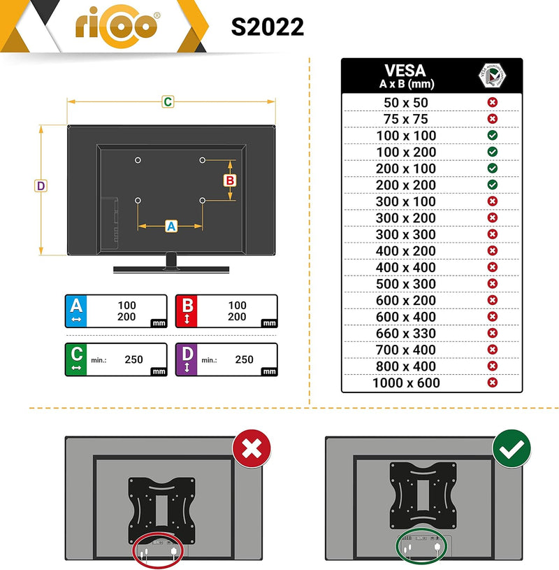 RICOO TÜV geprüfte TV Wandhalterung Fernseher Schwenkbar für 15-42 Zoll, Universal TV Halterung S202