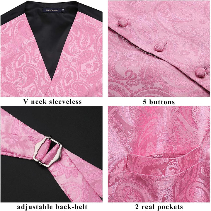 HISDERN Herren FLoral Hochzeit Weste Krawatte Einstecktuch Taschentuch Jacquard Weste Anzug Set M Ro