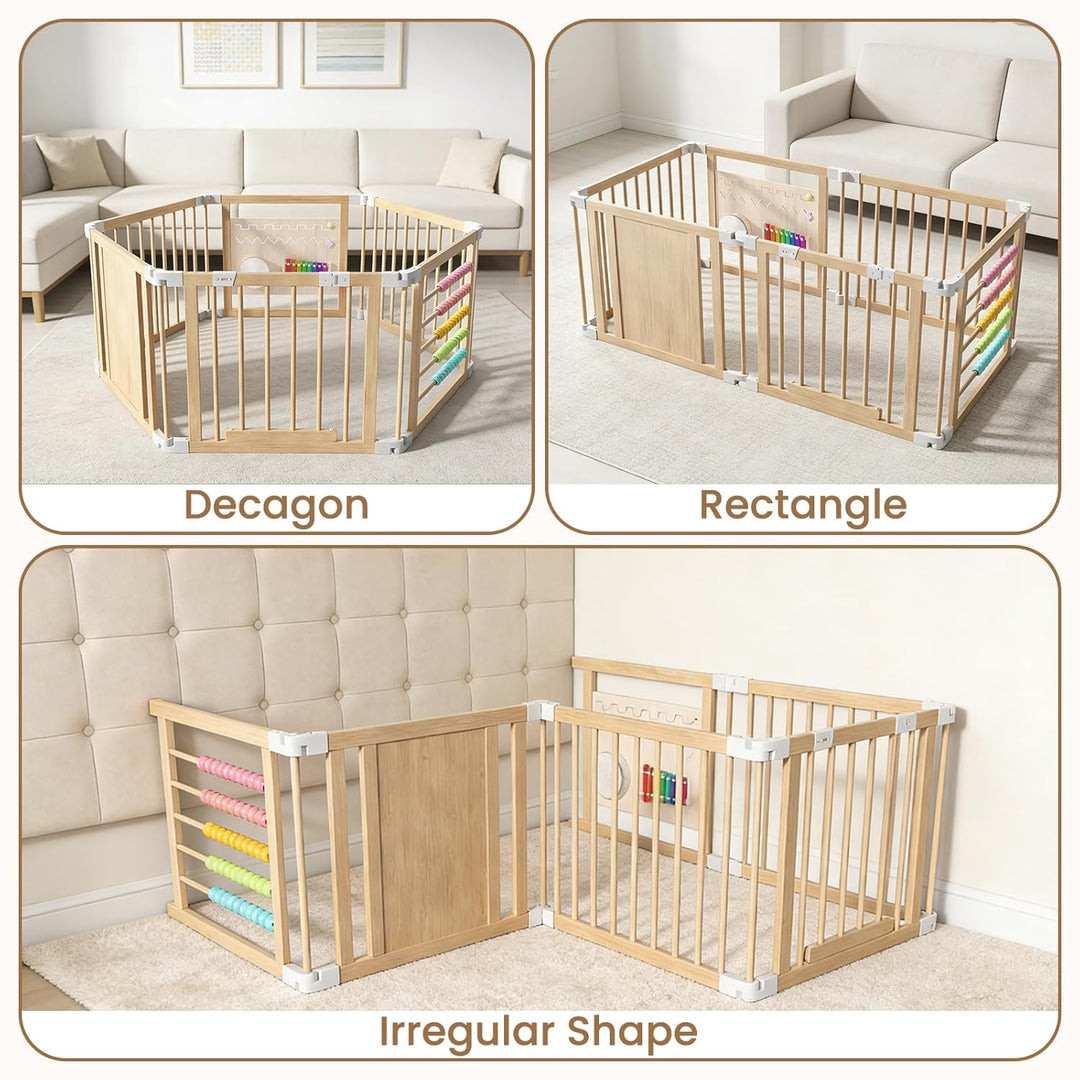 Laufstall Baby Holz mit Spielcenter – 160x80x61cm Verstellbare Grösse &amp; Form Laufgitter, Faltbarer L