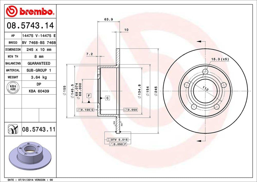 Brembo 08.5743.11 Hintere Bremsscheibe mit UV Lackierung, Anzahl 2