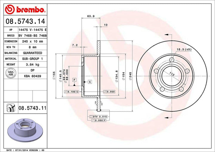 Brembo 08.5743.11 Hintere Bremsscheibe mit UV Lackierung, Anzahl 2