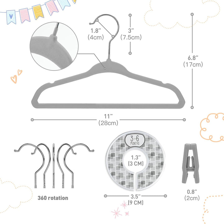 Babyrish Samt-Baby-Kleiderbügel, 10 Clips, 8 Grössenmarkierungen, 30 Stück, 27,9 cm, ultraschlanke B