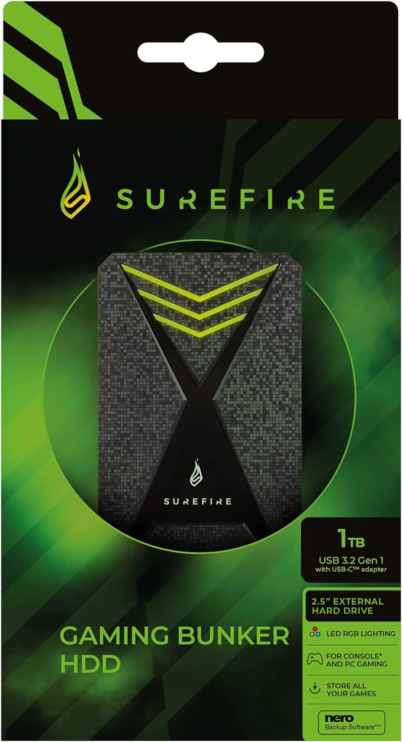 SureFire Gaming Hard Drive 2,5”, 1 TB, schwarz, Externe HDD Festplatte, USB-C Adapter, Windows &amp; Mac