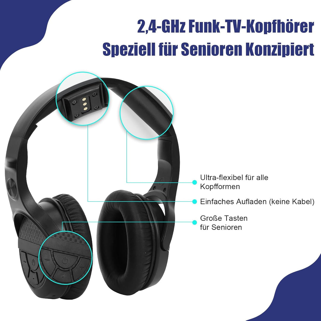 Kabellose TV-Kopfhörer für Senioren mit grossen Tasten, Ladestation, RF-Sender 2,4 GHz, Unterstützun