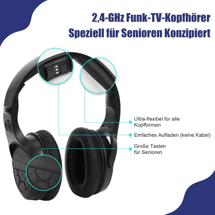 Kabellose TV-Kopfhörer für Senioren mit grossen Tasten, Ladestation, RF-Sender 2,4 GHz, Unterstützun