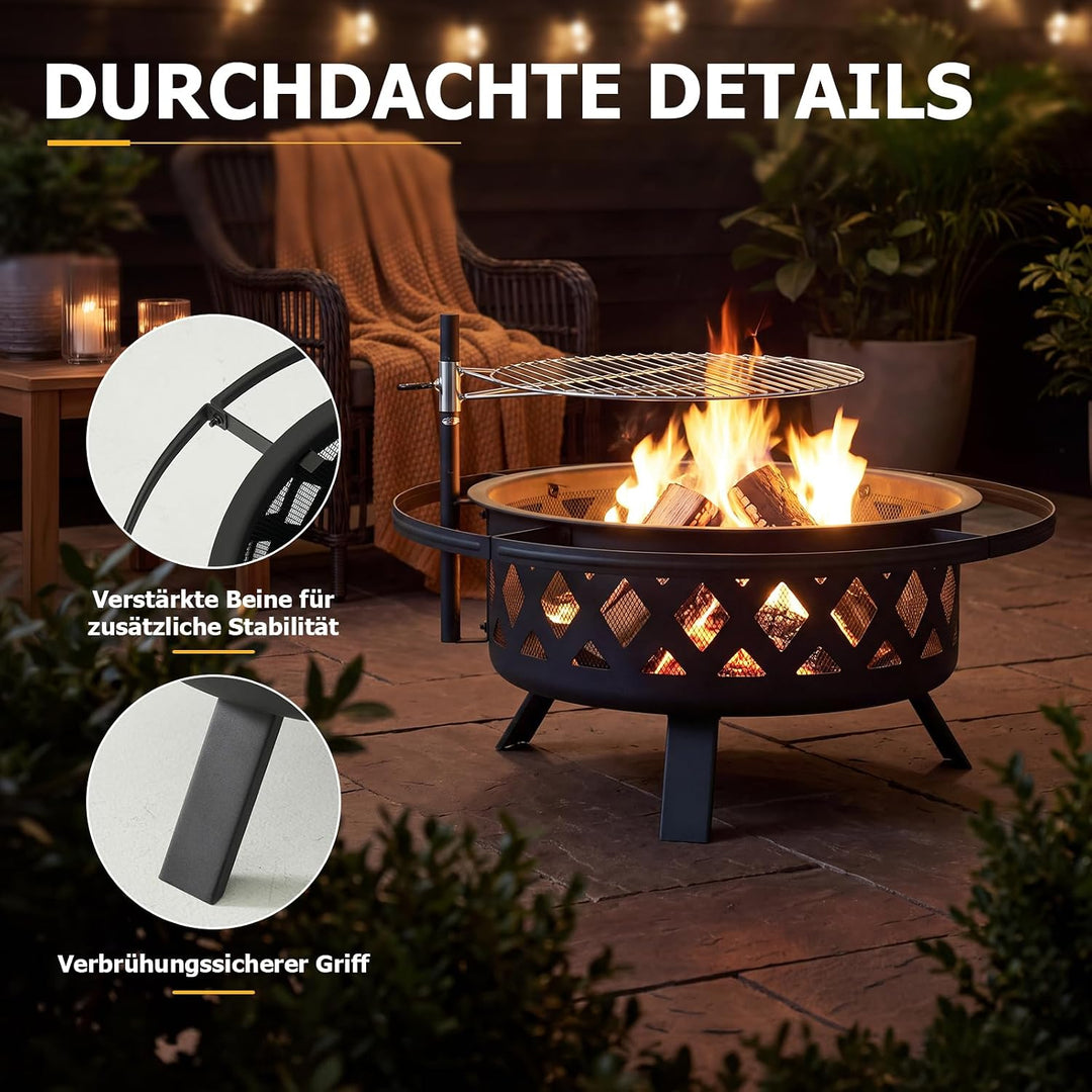 Aoxun Feuerschale mit Grill, 2-in-1 Feuerstelle Garten mit Funkenschutz und 360° Schwenkgrill, Outdo