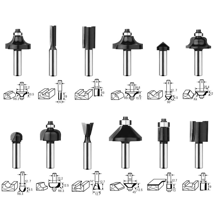 BAIDETS Pro 12tlg. Fräser Set für Holz - Hartmetall Fräsersatz, Zubehör Oberfräsen mit 8mm Schaft. 1