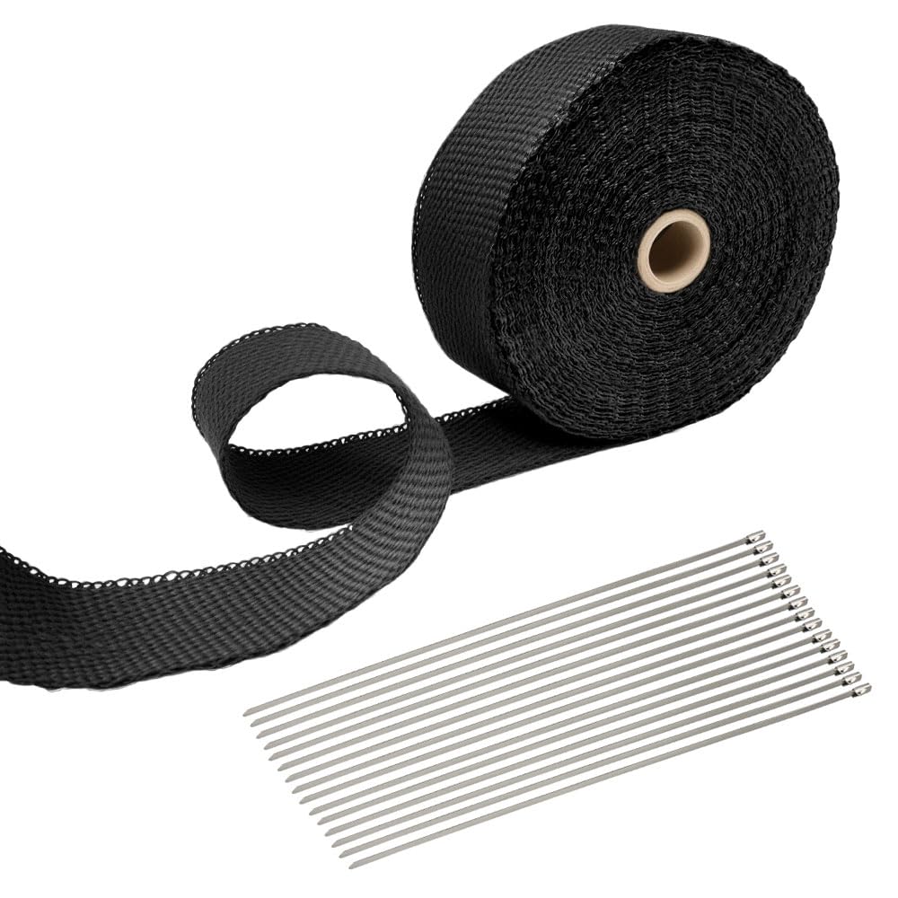 Hitzeschutzband Auspuff 15m x 5cm, Auspuffband Krümmerband mit 15pcs Edelstahl Kabelbinder, Isolierb