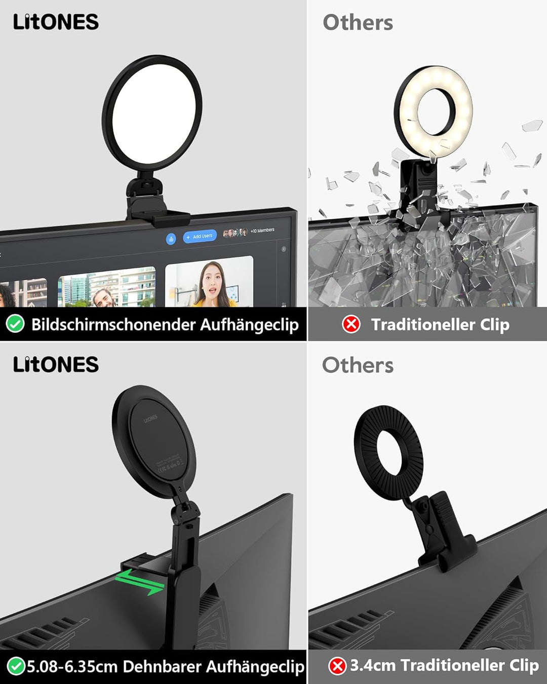 2 Stück Ringlicht Laptop 5" Videokonferenz Licht,LitONES Premium Streaming-Licht mit 5 Lichtfarben+1