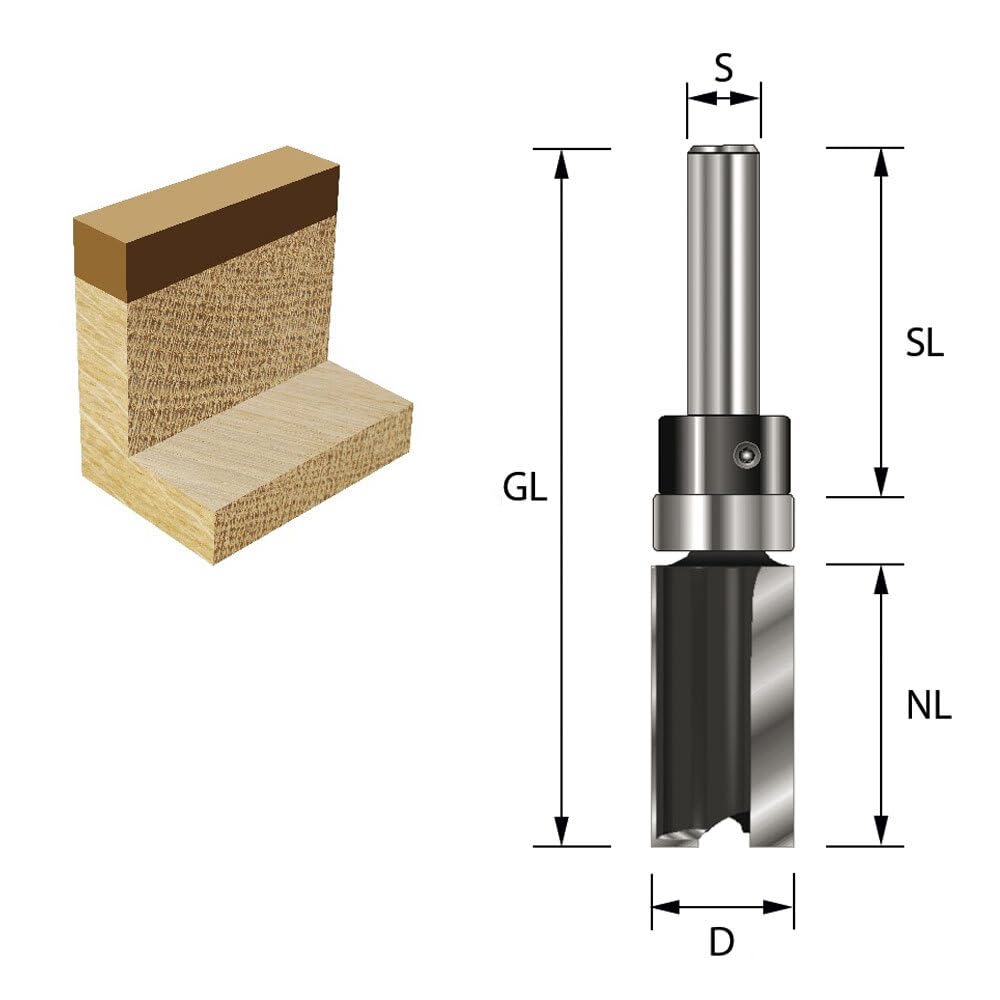 ENT 11663 Bündigfräser HW, Schaft (S) 8 mm, Durchmesser (D) 14 mm, NL 25 mm, SL 32 mm, GL 68 mm, mit