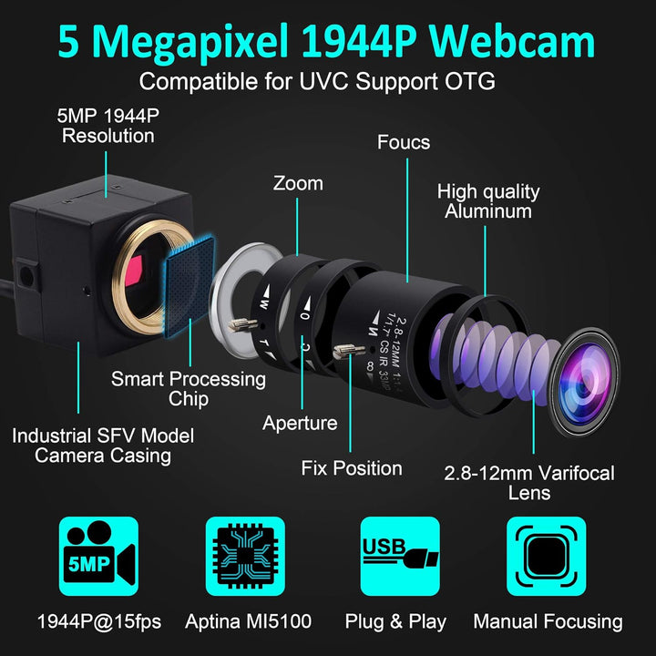 ELP 5MP Zoom Web Kamera,Aptina MI5100 Webcam Weitwinkel mit 2.8-12mm Variable Fokus Objektiv,USB2.0
