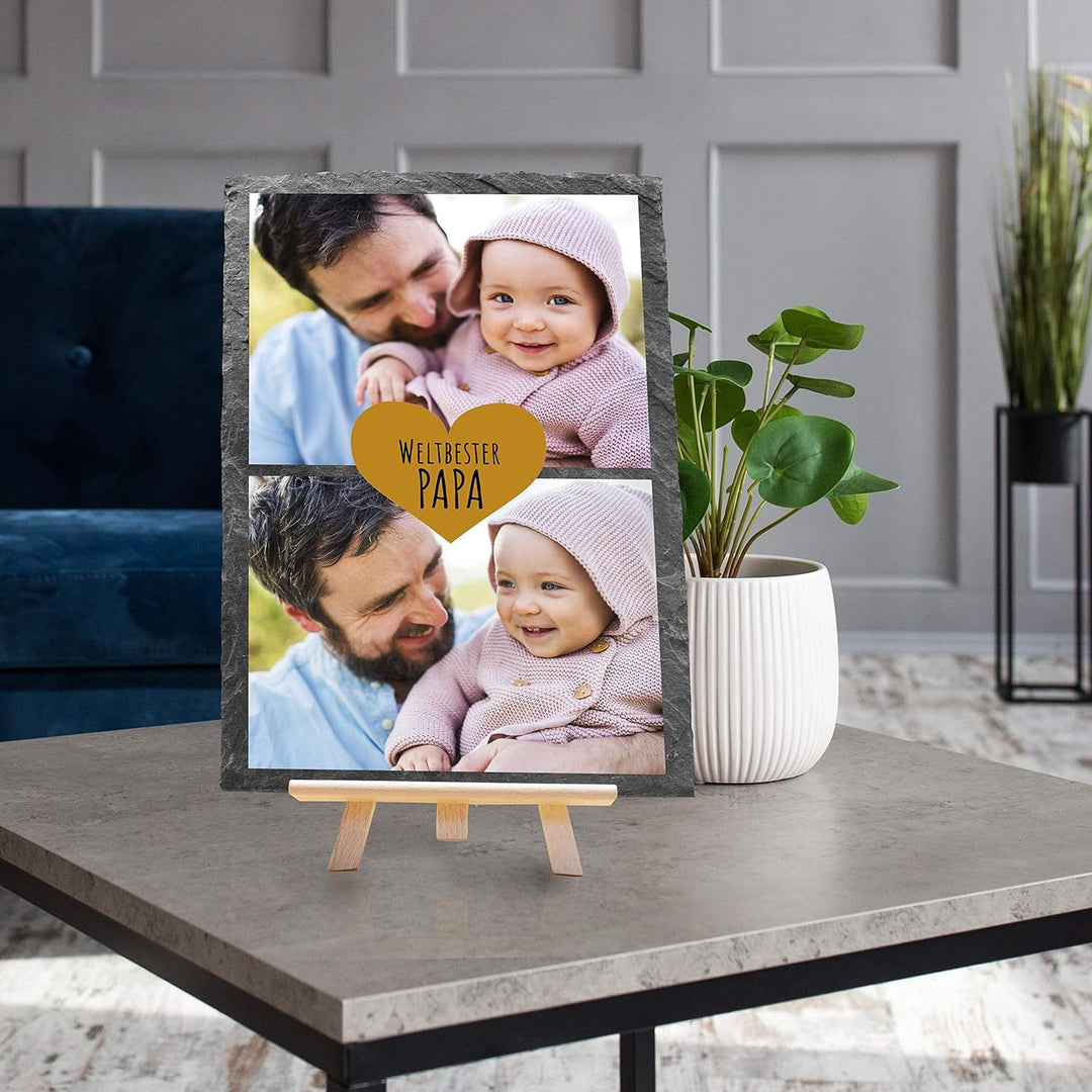 wandmotiv24 Schiefertafel Bester Papa, Aufstellschild 2 Bilder inkl. Spruch & Herz, Holz-Staffelei,