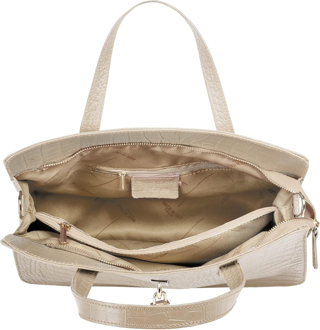 Handtasche Echt Leder Damen | Made in Italy, Smartphonefach, Kroko-Design, elegante Umhängetasche, D