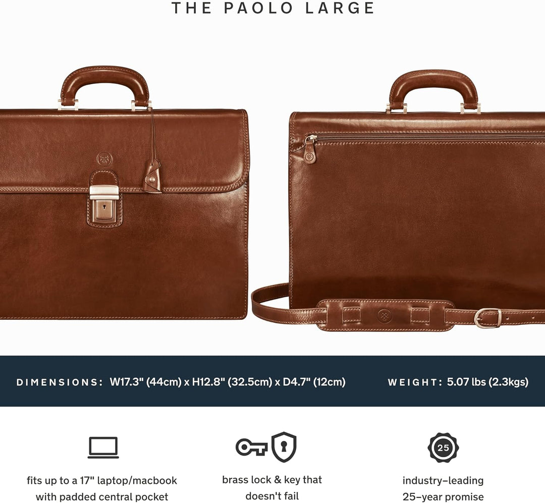 Maxwell Scott Herren Leder 17’’ Laptop Businesstasche in Cognac Braun - Paolo3 Large, Cognac Braun