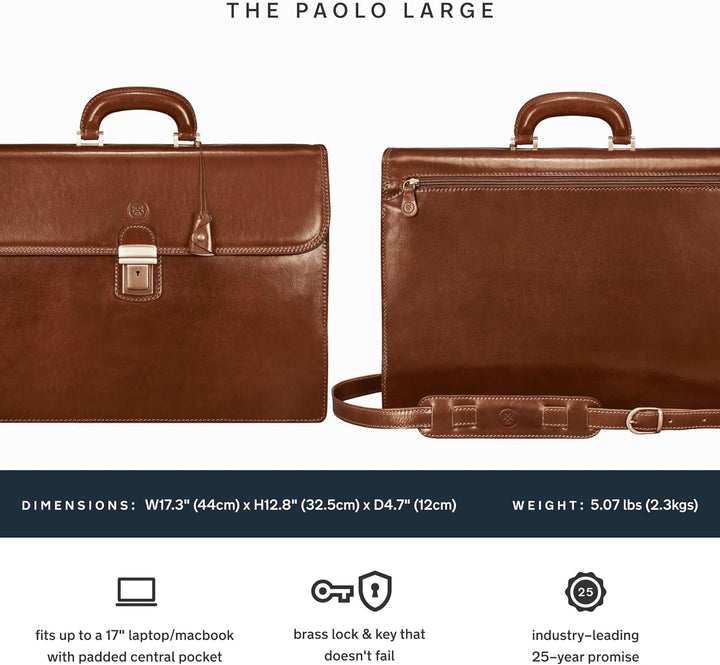 Maxwell Scott Herren Leder 17’’ Laptop Businesstasche in Cognac Braun - Paolo3 Large, Cognac Braun