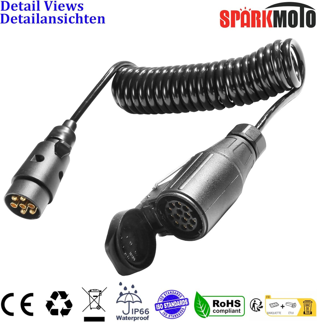 SPARKMOTO 2.8M Anhänger Kabel verlängerung 7 auf 13 polig,spiralkabel anhänger 7 polig,12V Adapter S