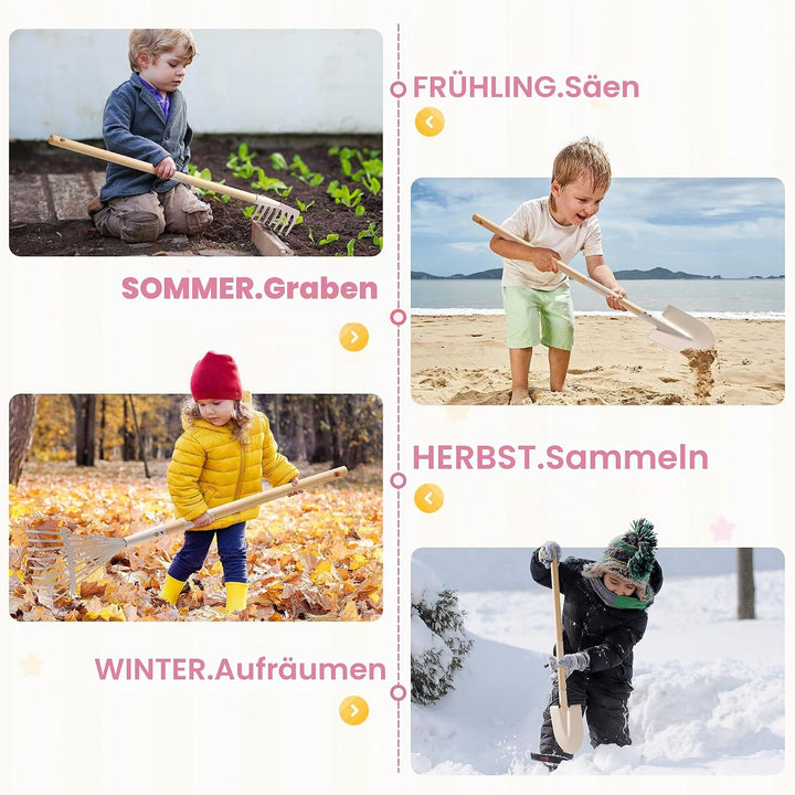 ROBUD Kinderschubkarre Metall mit Gartengeräte Set, 6-teilig Kinderschubkarre mit Langer Schaufel, R