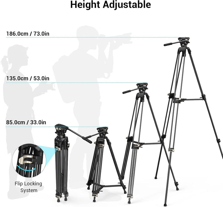 SMALLRIG Videostativ, 73-Zoll (186 cm) Heavy Duty Tripod Hochleistungs Stativ mit 360-Grad-Fluidkopf