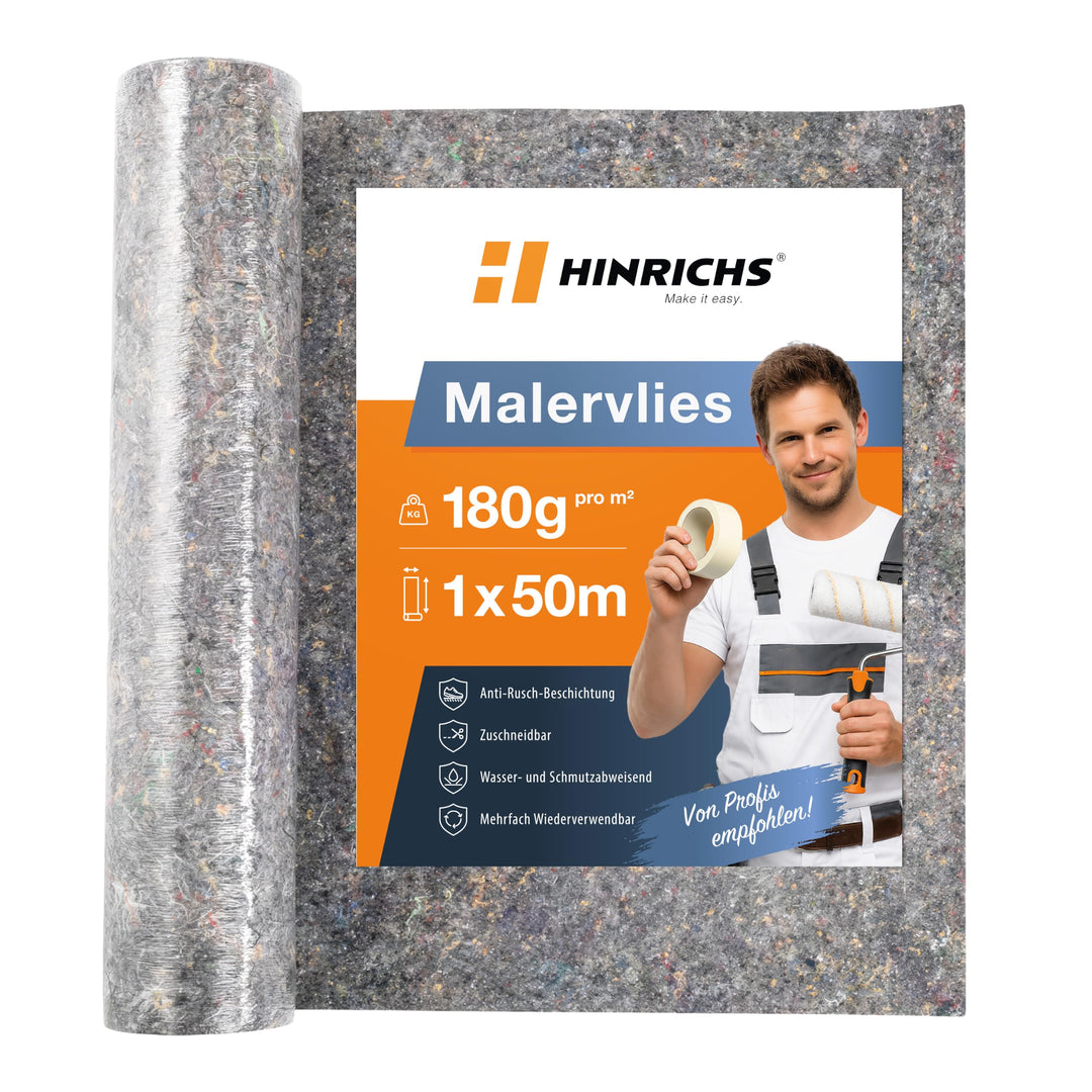 Hinrichs Malervlies 50m Rolle 180g/m² - Durchsickerungsschutz für Flüssigkeiten - Abdeckvlies 50m -
