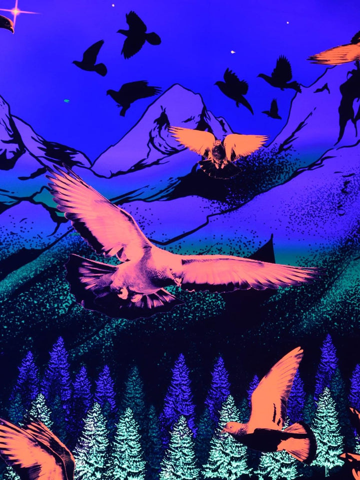 PSYWORK Schwarzlicht Stoffposter Neon | Chromadepth 3D Mountain Lake View | 1,5 x 2,25m | UV-aktiv |