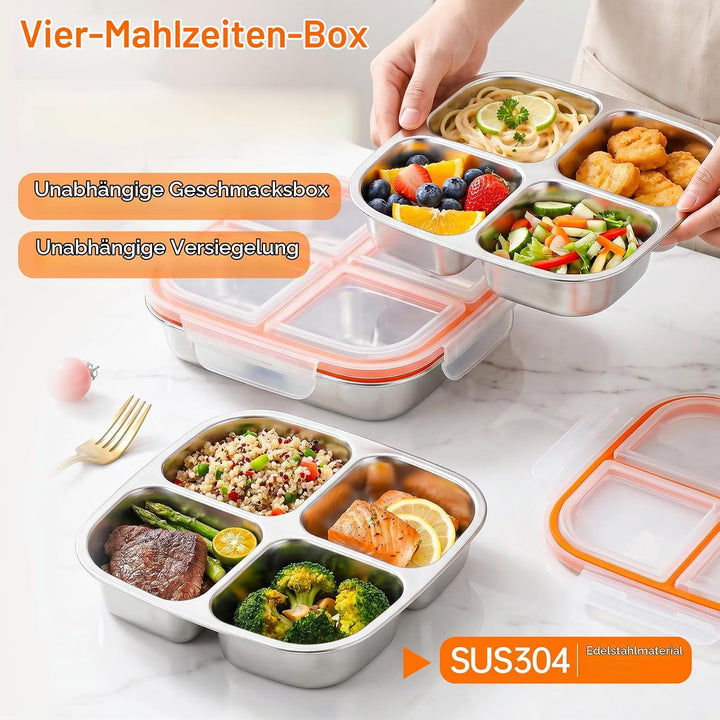 CSYY 2 Stück Edelstahl Snackboxen, 4 Fächern Lunchbox Wiederverwendbare Snack Behälter Leckdichte Be