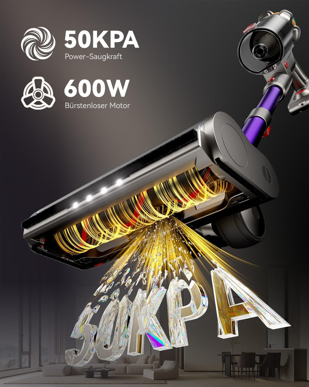 Akku Staubsauger 50000Pa/600W/65Min, Kabelloser Stabstaubsauger mit 2L Staubbehälter, Selbststehend,