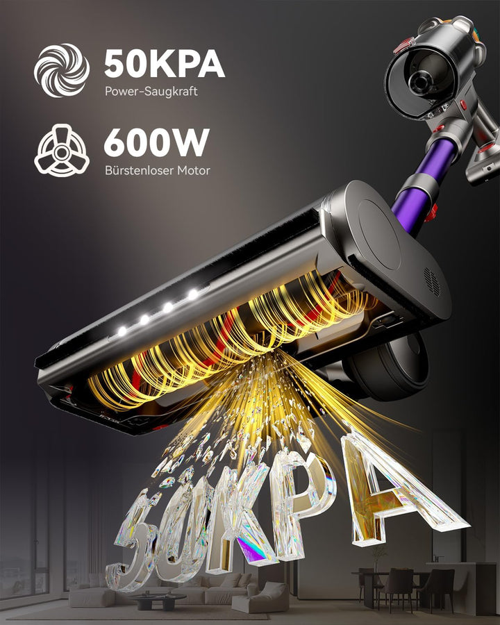Akku Staubsauger 50000Pa/600W/65Min, Kabelloser Stabstaubsauger mit 2L Staubbehälter, Selbststehend,