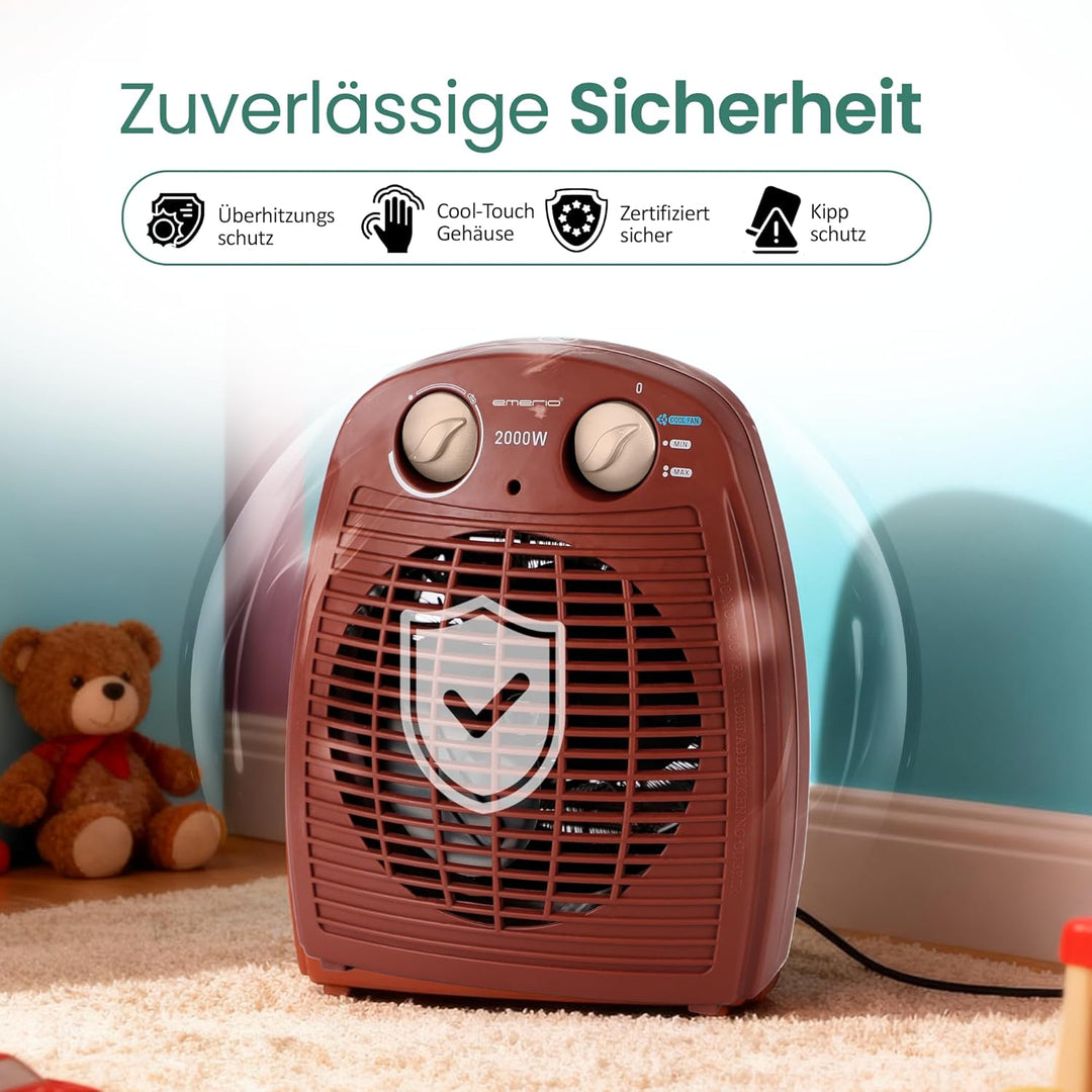 EMERIO Heizlüfter 2000W | klein leicht kompakt portabel | für ca. 25m² | 2 Heizleistungen + Ventilat