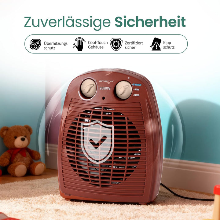 EMERIO Heizlüfter 2000W | klein leicht kompakt portabel | für ca. 25m² | 2 Heizleistungen + Ventilat