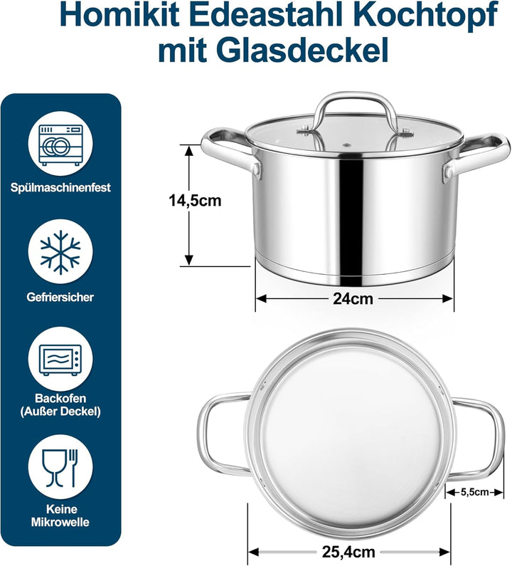 Homikit 24cm Kochtopf, 5,7L Gross Edeastahl Topf Nudeltopf Induktion mit 3-Lagen Böden für alle Herd