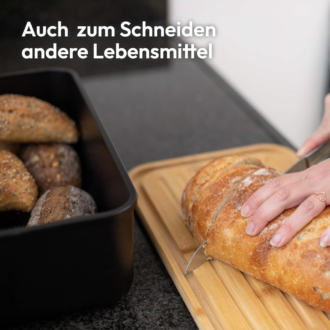 Gadgy Brotkasten Bambus - Brotdose mit Schneidebrett und Deckel - Brotkasten Schwarz - Luftdicht, Fr