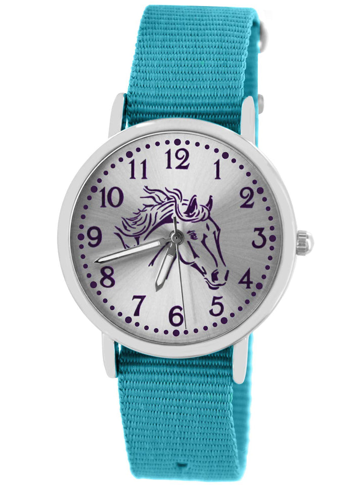 Pacific Time Mädchen Uhr Pferde analog Quarz mit Textil Wechselarmband hell blau