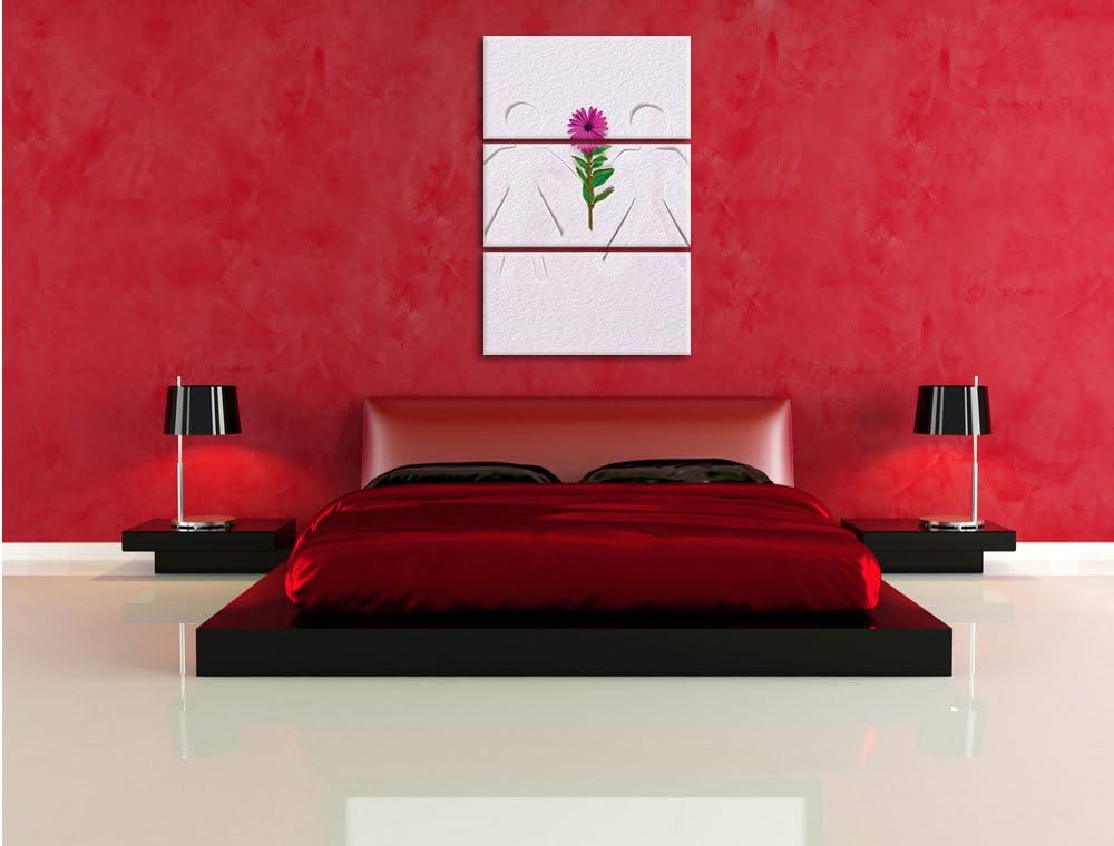 Pixxprint Strichmännchen mit Blume schwarz/weiss 3-Teiler Leinwandbild 120x80 Bild auf Leinwand