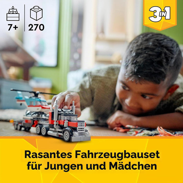 LEGO Creator 3in1 Tieflader mit Hubschrauber, Fahrzeuge-Set &amp; City Blauer Monstertruck, Offroad-Auto